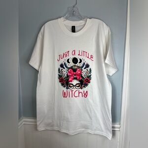 T shirt Print Boho “Just a Little Witchy” Floral Bun Hair Glasses Lashes Feather